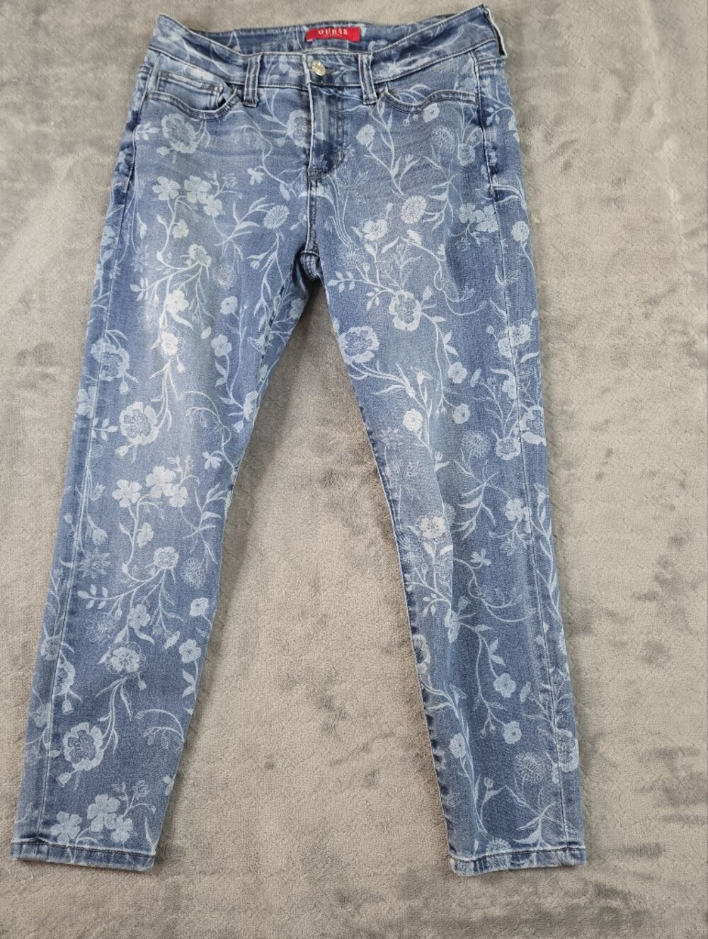 Guess Blue Denim Skinny Jeans with White Floral Print